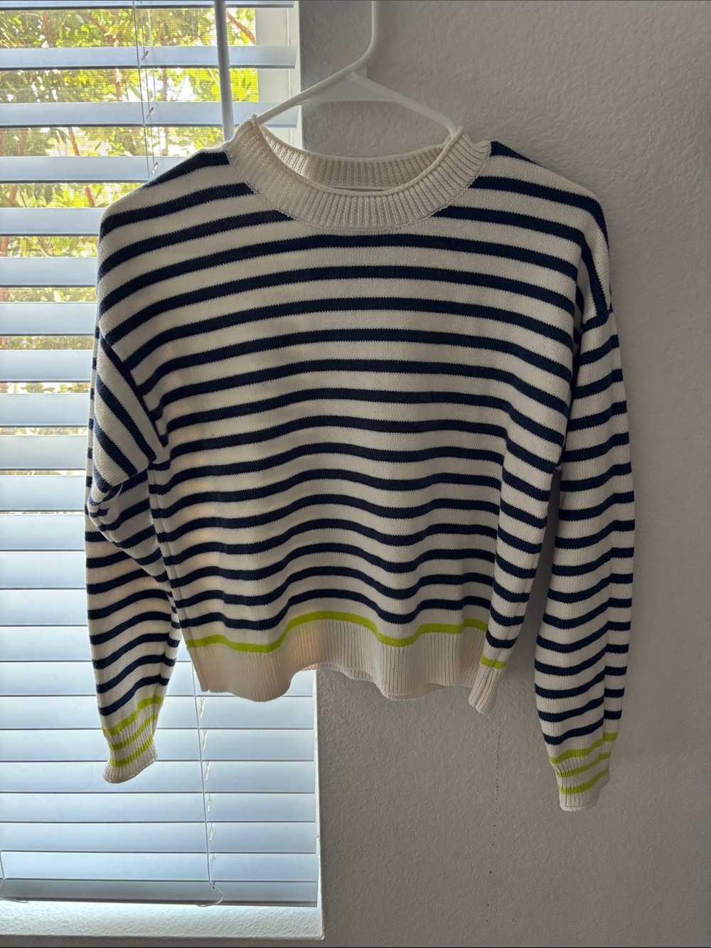 Marine Layer Navy and White Striped Crewneck with Lime Trim
